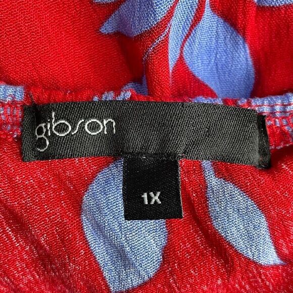 Gibson Womens Blouse Size 1X Red Floral One Shoulder Slim Ruffle Peplum Top NEW! - Picture 8 of 12